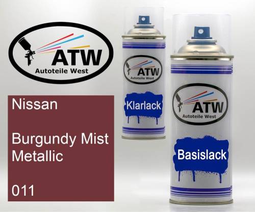 Nissan, Burgundy Mist Metallic, 011: 400ml Sprühdose + 400ml Klarlack - Set, von ATW Autoteile West.